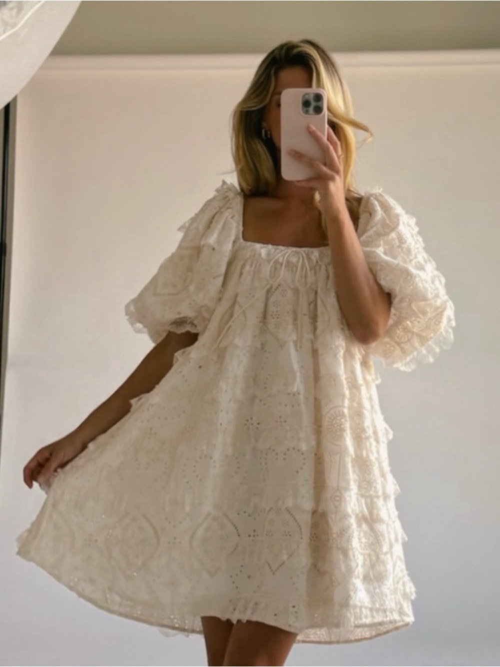 Women's Cream Ruffled Eyelet Lace Dress